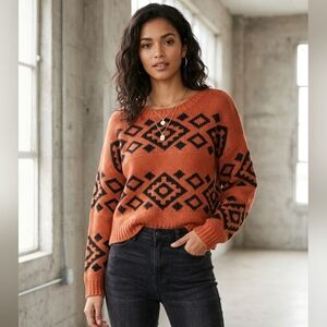 Rust Aztec Pattern Knit Sweater - Women